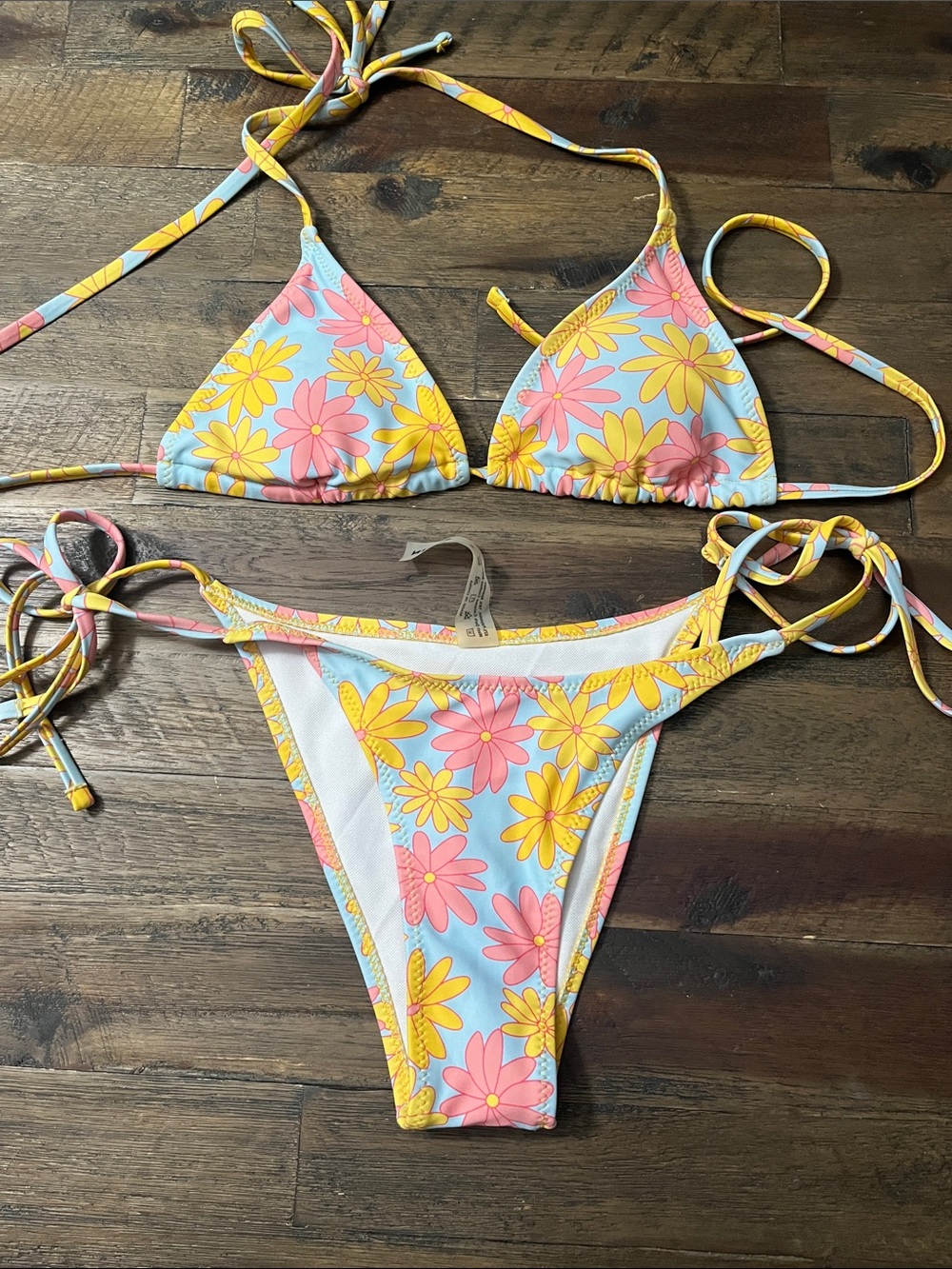 SHEIN Blue Floral Triangle Bikini Set with Yellow & Pink Daisies
